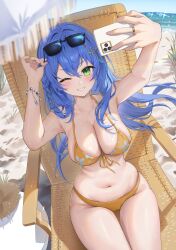  1girl absurdres beach beach_chair bikini blue_hair blue_sky blush bracelet breasts cellphone cleavage commentary crossed_bangs day english_commentary eyewear_on_head floral_print green_eyes grin hair_between_eyes hair_ornament hands_up highres holding holding_phone indie_virtual_youtuber jewelry kiara_(kiarastreams)_(vtuber) large_breasts long_hair long_sleeves looking_at_viewer mayuma_(mayuma_0715) navel ocean one_eye_closed outdoors pearl_bracelet phone print_bikini ring sand second-party_source selfie shadow sitting sky smartphone smile solo star_(symbol) star_hair_ornament stomach sunglasses swimsuit thighs virtual_youtuber yellow_bikini 