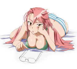 1girl antenna_hair ass bed blush bra breasts brown_eyes butt_crack cleavage downblouse female_focus glasses green_bra hair_down highschool_of_the_dead large_breasts lingerie long_hair no_bra open_mouth panties pink_hair shadow solo striped_clothes striped_panties takagi_saya tsurime underwear underwear_only unworn_eyewear yoshida_keiji rating:Questionable score:203 user:Princess_of_Hoenn