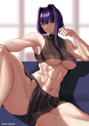 1girl abs absurdres artist_name bare_shoulders blue_eyes blue_hair breasts couch highres hololive hololive_english large_breasts muscular muscular_female navel ouro_kronii ryo_(ryo_artys) short_hair sitting sleeveless solo spread_legs stomach sweat thick_thighs thighs underboob virtual_youtuber rating:Questionable score:46 user:JustHere4Butts