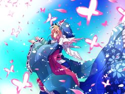  01jou 1girl bug butterfly female_focus hat bug japanese_clothes kimono onoe_junki petals pink_eyes pink_hair saigyouji_yuyuko short_hair solo touhou 