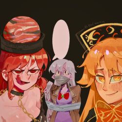  bare_shoulders blank_speech_bubble blonde_hair bow bowtie chain chinese_clothes choker commentary crescent dalachi_(headdress) double-parted_bangs dress english_commentary gag gagged gold_chain grmarsa hecatia_lapislazuli highres improvised_gag jacket junko_(touhou) kishin_sagume licking_lips long_hair looking_at_viewer medium_hair pointy_ears purple_dress purple_eyes red_bow red_bowtie red_eyes red_hair shirt signature single_wing smile speech_bubble t-shirt tape tape_gag tongue tongue_out touhou twitter_username upper_body white_hair wings yellow_eyes 