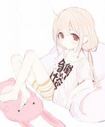 1girl barefoot blonde_hair brown_eyes clothes_writing futaba_anzu highres idolmaster idolmaster_cinderella_girls low_twintails pillow rabbit-shaped_pillow reclining shirt shorts solo striped_clothes striped_shorts t-shirt tsuchi_(sh_spica1) twintails white_shirt rating:General score:4 user:danbooru