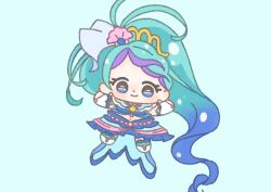  1girl absurdly_long_hair aqua_hair bare_shoulders blue_background blue_eyes blue_hair blue_ribbon blue_shirt blue_skirt blue_socks boots braid bridal_gauntlets brooch chibi closed_mouth collared_shirt cropped_shirt cure_mermaid dot_nose earrings eyelashes frilled_skirt frills go!_princess_precure gold_tiara gradient_hair hair_ribbon ichigo_usuhana jewelry kaidou_minami kneehighs long_hair long_skirt looking_at_viewer magical_girl midriff multicolored_hair navel outstretched_arms precure purple_hair ribbon shell shell_earrings shell_hair_ornament shirt simple_background single_braid skirt sleeveless sleeveless_shirt smile socks solo streaked_hair tareme tiara train_(clothing) very_long_hair white_boots white_bridal_gauntlets 