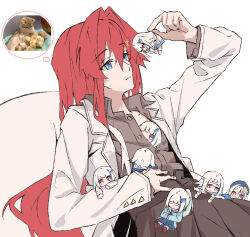  6+girls :| ange_katrina ange_katrina_(4th_costume) baby_animal bird blue_eyes blue_hair blue_hat blue_shirt blue_skirt cat chick closed_mouth coat collared_shirt commentary dangling elmida grey_shirt grey_skirt hair_between_eyes hair_intakes hair_ornament hand_on_own_stomach hat holding holding_mini_person leaning_back lize_helesta lize_helesta_(1st_costume) lize_helesta_(3rd_costume) lize_helesta_(4th_costume) long_bangs long_hair long_sidelocks long_sleeves looking_at_another mini_person mini_person_in_clothes minigirl multicolored_hair multiple_girls multiple_persona nijisanji on_lap open_clothes open_coat open_shirt photo_inset ponytail purple_eyes red_hair reference_inset sanbaka_anniversary_outfit shirt shirt_tucked_in sidelocks simple_background skirt speech_bubble streaked_hair thought_bubble two-tone_hair very_long_hair virtual_youtuber white_background white_coat white_hair 