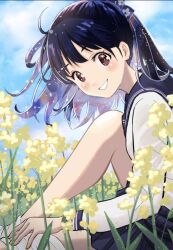  1girl black_hair black_sailor_collar black_skirt brown_eyes cloud cloudy_sky day flower grass highres knee_up long_hair montarou2020 on_ground original outdoors sailor_collar school_uniform serafuku shirt sitting skirt sky smile solo sparkle white_shirt yellow_flower 