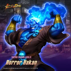  blue_fire blue_hair blue_skin colored_skin cosplay fighting_stance fire gauntlets hakan halloween_costume impossible_hair muscular muscular_male no_pupils official_alternate_costume official_art skull smile street_fighter street_fighter:_duel teeth toga 