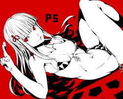  1girl armpits bikini black_bikini breasts breasts_apart front-tie_bikini_top front-tie_top highres hime_cut holding_shogi_piece lying medium_breasts navel persona persona_5 red_eyes shogi_piece side-tie_bikini_bottom solo stomach swimsuit tagaya6592 thighs tougou_hifumi triangle_print white_bikini 