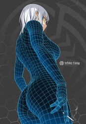  1girl ass blue_hair breasts bright_pupils character_name cigarette colored_eyelashes copyright_name earrings grey_background highres holding holding_cigarette honeycomb_(pattern) honeycomb_background jewelry layer_(reishuu) multicolored_hair original short_hair sideways_glance smoke solo streaked_hair white_hair white_pupils wireframe yellow_eyes 