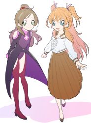  2girls bishoujo_senshi_sailor_moon bishoujo_senshi_sailor_moon_crystal blue_eyes company_connection cosplay crossover green_eyes green_hair happy houjou_hibiki kino_makoto kino_makoto_(cosplay) koshimizu_ami kurochiroko liebert liebert_(cosplay) long_hair long_skirt looking_at_viewer majin_bone minamino_kanade multiple_girls open_mouth orange_hair orikasa_fumiko precure school_uniform serafuku shirt simple_background sketch skirt smile suite_precure toei_animation two_side_up voice_actor_connection white_background 