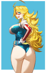 1girl ahoge american_flag american_flag_print ass bare_shoulders blonde_hair blue_background blue_eyes boots border breasts cleavage clothing_cutout cowboy_shot domino_mask earrings elbow_gloves eye_mask fingerless_gloves flag_print from_behind gloves gold_bow hand_on_own_hip highres jewelry kamen_america kamen_america_(comic) kasei_yukimitsu large_breasts leotard long_hair looking_at_viewer mask open_mouth patriotism sideboob simple_background smile solo standing star_(symbol) star_cutout star_earrings striped_clothes striped_footwear superhero_costume thighhighs thighs vertical-striped_footwear white_border 