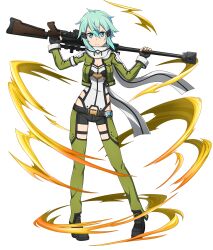  1girl :d absurdres anti-materiel_rifle black_footwear black_gloves black_shorts blue_eyes blue_hair bolt_action breasts cleavage fingerless_gloves full_body gloves green_jacket green_legwear gun hair_between_eyes hair_ornament hairclip highres holding holding_gun holding_weapon jacket long_sleeves official_art open_clothes open_jacket open_mouth pgm_hecate_ii rifle scarf short_hair_with_long_locks short_shorts shorts sidelocks sinon small_breasts smile sniper_rifle solo sword_art_online sword_art_online:_memory_defrag transparent_background weapon white_scarf 