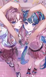  2girls 39 :p aqua_hair arms_up bare_legs belt black_belt blue_eyes blue_hair blue_nails blush breasts chain collared_shirt commentary finger_heart from_above full_body hair_ornament hairband hatsune_miku heart heart_necklace highres jewelry long_hair looking_at_viewer medium_breasts megurine_luka midriff miniskirt multicolored_hair multiple_belts multiple_girls navel necklace pants parted_lips pink_hair pink_nails pink_pants pink_shoes pink_skirt pink_sweater plaid_clothes plaid_skirt ramika_(ramika0606) safety_pin_hair_ornament shirt shoes skirt sneakers star_(symbol) star_hair_ornament sweater symbol-only_commentary tongue tongue_out torn_clothes torn_pants twintails two-tone_hair vocaloid white_shirt white_shoes wispy_bangs yume_kawaii 
