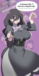  1girl 2025 :d @_@ alternate_breast_size arm_at_side artist_name black_eyes black_hair black_nails black_pantyhose bottle breasts claw_pose clenched_hand collarbone commentary corset covered_erect_nipples curvy dress earrings english_commentary english_text eyelashes full_body hair_between_eyes hair_over_one_eye hand_on_own_hip hex_maniac_(pokemon) hex_maniac_(pokemon_legends:_z-a) highres jewelry juliet_sleeves large_breasts long_hair long_sleeves low_ponytail milk_bottle narrowed_eyes neck_ribbon nintendo octavius_dp open_mouth pantyhose pokemon pokemon_legends:_z-a ponytail puffy_sleeves purple_background purple_lips purple_nails purple_ribbon reference_inset ribbon signature simple_background small_breasts smile solo speech_stab sweatdrop upper_body 