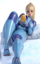 1girl absurdres blonde_hair blue_bodysuit blue_eyes blue_nails bodypaint bodysuit breasts cellphone cushion eyebrows highres holding holding_phone large_breasts legs long_hair lying metroid mirror mole mole_under_mouth nail_polish naked_paint nintendo nose nude painted_clothes phone ponytail popogori realistic reflection samus_aran selfie shiny_skin smartphone taking_picture thick_thighs thighs toenails toes wide_hips zero_suit rating:Sensitive score:145 user:danbooru