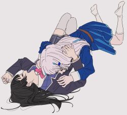  2girls black_hair black_jacket blue_dress blue_hair bow bowtie closed_eyes commentary_request dress hand_on_another&#039;s_head highres jacket kamatama_rom kneehighs lize_helesta lize_helesta_(4th_costume) long_sleeves lying_on_person multicolored_hair multiple_girls nijisanji open_mouth purple_background red_bow red_bowtie school_uniform shirt simple_background smile socks streaked_hair thighhighs tsukino_mito tsukino_mito_(1st_costume) virtual_youtuber white_hair white_shirt white_socks white_thighhighs yuri 