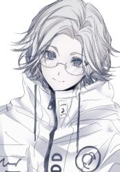  1boy aotsuki_eito commentary glasses grey_eyes grey_hair highres jacket looking_at_viewer male_focus portrait qiong_yuemooc short_hair simple_background smile solo symbol-only_commentary the_hundred_line_-last_defense_academy- white_background white_jacket zipper zipper_pull_tab 