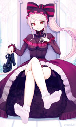  1girl artist_name bare_legs bow closed_mouth dress fang feet female_focus foot_focus frilled_dress frilled_socks frills gothic_lolita highres huge_filesize legs lolita_fashion long_hair looking_at_viewer md5_mismatch overlord_(maruyama) ponytail red_eyes rezodwel shalltear_bloodfallen shoes sitting smile socks soles solo toes twitter_username unworn_shoes vampire very_long_hair  rating:Sensitive score:64 user:SenpaiHentaiOldPervert