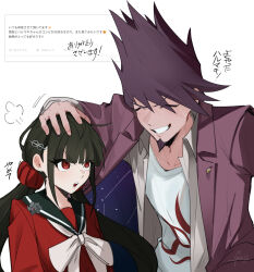  1girl black_hair black_sailor_collar blunt_bangs bow bowtie danganronpa_(series) danganronpa_v3:_killing_harmony facial_hair gaba33 goatee hair_ornament hair_scrunchie harukawa_maki highres jacket long_hair long_sleeves low_twintails mole mole_under_eye momota_kaito open_clothes open_mouth red_eyes red_scrunchie red_shirt sailor_collar school_uniform scrunchie shirt space_print spiked_hair starry_sky_print teeth twintails white_bow white_bowtie white_shirt 