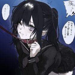  1girl akai_ringo_(eveyuno) animal_collar black_hair blue_background collar hair_ribbon high_ponytail highres kneeling one_eye_closed original pet_play ponytail ribbon school_uniform 