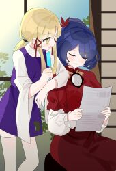  2girls alternate_hairstyle animal_print blonde_hair blush chimi_(s2yuyukos2) closed_eyes closed_mouth commentary food frog_print hair_ornament hair_ribbon hat highres holding holding_food holding_paper holding_popsicle layered_sleeves leaf leaf_hair_ornament long_hair long_sleeves maple_leaf mirror moriya_suwako multiple_girls no_headwear open_mouth paper ponytail popsicle purple_hair purple_skirt purple_vest red_ribbon ribbon short_over_long_sleeves short_sleeves sitting skirt skirt_set smile sweatdrop thighhighs touhou tress_ribbon vest white_thighhighs wide_sleeves yasaka_kanako 