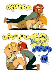  2girls bixelswixels dark-skinned_female dark_skin exercising highres inkling kiss multiple_girls muscular muscular_female nintendo numbers octoling push-ups speech_bubble splatoon_(series) yuri 