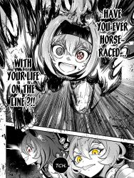  3girls agnes_tachyon_(umamusume) animal_ears blue_lock commentary english_commentary english_text evil_grin evil_smile grin hairband haru_urara_(umamusume) highres horse_ears horse_girl long_hair multiple_girls open_mouth red_eyes running sakanaflyer scene_reference smile speech_bubble spot_color sweat t.m._opera_o_(umamusume) umamusume yellow_eyes 