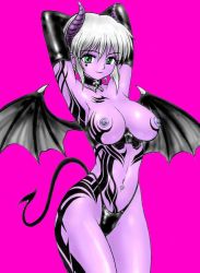  1girl arm_tattoo armpits artist_request bat_wings breast_tattoo breasts check_artist choker closed_mouth colored_skin copyright_request demon_girl demon_tail earrings elbow_gloves female_focus gloves green_eyes horns jewelry large_breasts leg_tattoo looking_at_viewer navel navel_piercing nipple_piercing nipple_rings nipples piercing purple_skin short_hair simple_background solo source_request stomach_tattoo tail tattoo usura wings  rating:Explicit score:11 user:Anonymous