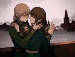  2girls blonde_hair blue_eyes brown_eyes brown_hair dmitry_yazov eye_contact genderswap genderswap_(mtf) hand_on_another&#039;s_neck hand_on_another&#039;s_shoulder hearts_of_iron highres holding_hands hug kremlin looking_at_another medal military_dress_uniform military_uniform moscow multiple_girls parted_lips pavel_batov red_star soviet_army star_(symbol) tagme the_new_order:_last_days_of_europe yakouf yuri 