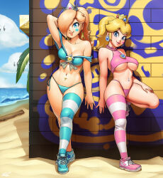  2girls ?_block absurdres against_wall aqua_eyes arm_behind_head bare_arms bare_shoulders beach bikini blonde_hair blue_bikini blue_eyes blue_footwear blue_gemstone blue_thighhighs breasts brooch collarbone crown crown_(symbol) earrings eyelashes fire_flower full_body gem graffiti hair_over_one_eye hand_on_own_leg hand_on_own_thigh heart heart_tattoo highres hip_focus jewelry large_breasts leg_up lips looking_at_viewer mario_(series) medium_hair multiple_girls navel navel_piercing nintendo ocean off-shoulder_bikini off_shoulder outdoors palm_tree parted_lips piercing pink_bikini pink_lips pink_shoes pink_thighhighs ponytail princess_peach revtilian rosalina sand shoelaces shoes side-tie_bikini_bottom single_thighhigh smile sneakers source_request star_(symbol) star_tattoo striped_clothes striped_thighhighs super_mario_bros._1 super_mario_galaxy super_star_(mario) swimsuit tattoo thick_lips thighhighs thong toned tree underboob wall water waves white_footwear white_thighhighs yellow_gemstone 