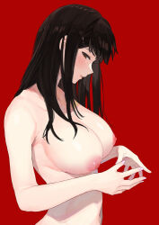  1girl black_eyes black_hair blush breasts eightman embarrassed fidgeting large_breasts long_hair nail_polish narrow_waist navel nipples non-web_source nude original puffy_nipples red_background solo sweat 