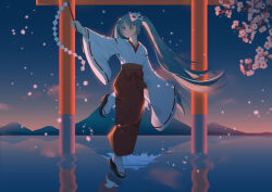  1girl absurdres aqua_eyes aqua_hair black_sandals blue_sky bow branch cherry_blossoms chinese_commentary closed_mouth cloud commentary_request flower fox_mask full_body gohei gradient_sky hakama hakama_pants happy hatsune_miku highres holding holding_gohei japanese_clothes kimono kirina_zero leg_up light_particles lipstick long_hair long_sleeves looking_at_object makeup mask mask_on_head miko mount_fuji mountainous_horizon ocean okobo orange_sky outdoors pants petals pink_flower pink_lips platform_sandals red_bow red_hakama reflection reflective_water ribbon-trimmed_sleeves ribbon_trim sandals short_kimono sky smile socks solo sparkle spring_(season) standing standing_on_liquid tabi torii twilight twintails very_long_hair vocaloid waist_bow white_kimono white_mask white_socks wide_sleeves 