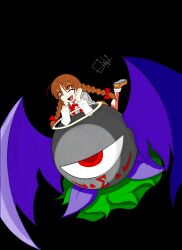  1girl 1other bat_wings bow braid brown_hair closed_eyes evil_eye_sigma ex-rika highres long_hair oni1994 open_mouth red_eyes rika_(touhou) shirt short_hair sigma_symbol signature smile story_of_eastern_wonderland touhou touhou_(pc-98) twin_braids wings 