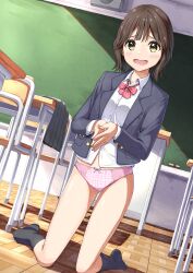  1girl absurdres black_socks blazer board_eraser bow bow_panties bowtie brown_eyes brown_hair chair chalkboard collared_shirt commentary_request commission crotch_seam day desk diagonal-striped_bow diagonal-striped_bowtie diagonal-striped_clothes dress_shirt dutch_angle embarrassed full_body grey_jacket grey_skirt highres indoors jacket kneeling light_blush long_sleeves looking_at_viewer negimiso1989 no_pants no_shoes open_clothes open_jacket open_mouth original own_hands_together panties pink_bow pink_bowtie pink_panties pixiv_commission plaid_clothes plaid_panties pleated_skirt raised_inner_eyebrows school_chair school_desk school_uniform shadow shirt short_hair skirt socks solo striped_clothes sunlight underwear unworn_skirt variant_set white_shirt 