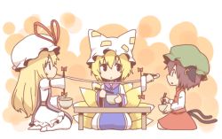 3girls :&lt; animal_ears blonde_hair bowl brown_hair cat_ears cat_girl cat_tail chen chibi chopsticks earrings eating female_focus food fox_tail gap_(touhou) hat jewelry mochi multiple_girls multiple_tails table taiga_mahoukan tail touhou wagashi yakumo_ran yakumo_yukari rating:Sensitive score:11 user:danbooru