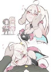 1boy 3girls asymmetrical_legwear black_collar black_hair black_sports_bra blonde_hair blush breasts chibi chibi_inset cleavage closed_mouth collar commander_(nikke) crow_(nikke) facial_tattoo gloves goddess_of_victory:_nikke gradient_hair hair_between_eyes hair_ornament hair_ribbon hairclip headpat heart heart_tattoo highres jackal_(nikke) jacket large_breasts long_hair looking_at_viewer low_twintails mismatched_legwear multicolored_hair multicolored_jacket multiple_girls multiple_views one_eye_closed pink_gloves pink_hair pink_ribbon pink_shorts red_eyes ribbon shorts side_ponytail sidelocks smile spiked_collar spikes sports_bra stomach_tattoo streaked_hair sumiosmith tattoo twintails two-sided_fabric two-sided_jacket two-tone_gloves viper_(nikke) white_background white_gloves white_jacket rating:Sensitive score:91 user:Leksa