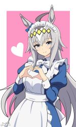  1girl absurdres ahoge animal_ears apron blue_bow blue_dress blue_eyes border bow bowtie closed_mouth dress ear_bow frilled_apron frills grey_hair hair_ornament heart heart_hands highres horse_ears horse_girl kiyosuke_(kiyosuke023) long_hair long_sleeves looking_at_viewer maid maid_apron maid_headdress multicolored_hair official_alternate_costume oguri_cap_(umamusume) pink_background puffy_sleeves simple_background smile solo streaked_hair umamusume upper_body white_apron white_border white_bow white_bowtie 