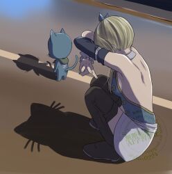  1girl artist_name backless_shirt black_boots blonde_hair blue_shirt boots cat_shadow_puppet_(meme) english_text fairy_tail glass0224 happy_(fairy_tail) highres knee_boots lucy_heartfilia meme outdoors road shadow shirt skirt squatting white_skirt  rating:General score:2 user:danbooru