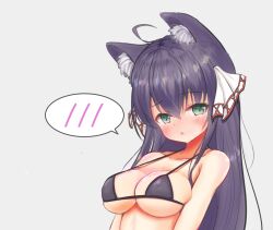  ahoge animal_ears ankuru_(ankle_art2) bikini black_bikini black_hair breasts emil_chronicle_online green_eyes hair_ornament kiyohime_lore large_breasts long_hair micro_bikini simple_background swimsuit upper_body white_background 