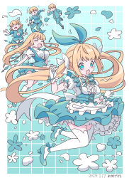  1boy 1girl alice_in_wonderland blonde_hair blue_eyes blush bow dress genderswap genderswap_(mtf) gloves hair_bow highres open_mouth original running school_uniform sequential socks surprised transformation twintails white_gloves white_socks yoshida_gorou 