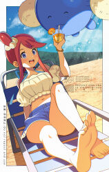  1girl =_(9_yawbus) absurdres bare_legs barefoot beach beach_chair bikini bikini_under_clothes bikini_under_shorts blue_bikini blue_eyes blue_shorts blush breasts closed_eyes collarbone crop_top cup denim denim_shorts drink feet foot_focus foreshortening gen_2_pokemon hair_ornament highres holding holding_cup jumpluff knee_up legs lounging lying midriff navel nintendo off-shoulder_shirt off_shoulder official_alternate_costume on_back one_side_up open_mouth outdoors pokemon pokemon_(creature) pokemon_masters_ex red_hair shirt shorts sidelocks sky skyla_(pokemon) skyla_(summer_2025)_(pokemon) smile soles swimsuit teeth toes watermark 