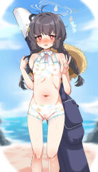 1girl bar_censor beach black_hair blue_archive blush bodypaint brown_hat censored cleft_of_venus commentary_request completely_nude feet_out_of_frame female_focus flat_chest flying_sweatdrops grey_halo halo hat hat_on_back highres leaf leaf_on_head loli long_hair looking_at_viewer machismo_fuji miyu_(blue_archive) miyu_(swimsuit)_(blue_archive) navel nipples nose_blush nude ocean official_alternate_costume painted_clothes parted_lips pussy red_eyes solo standing straw_hat sweat twintails v rating:Explicit score:146 user:danbooru