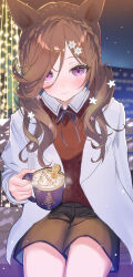  1girl alternate_costume alternate_hairstyle animal_ears asymmetrical_bangs blush braid brown_hair christmas_lights closed_mouth coat coffee_mug commentary cowboy_shot crown_braid cup flower gingerbread_man hair_flower hair_ornament hair_over_one_eye hairclip highres holding holding_cup horse_ears hot_chocolate long_bangs long_hair looking_at_viewer low_twintails minminlunchz mug neck_ribbon night on_bench outdoors purple_eyes red_sweater ribbon rice_shower_(umamusume) shirt sitting smile snowflake_hair_ornament snowing solo sweater swept_bangs twintails umamusume white_coat white_shirt x_hair_ornament 