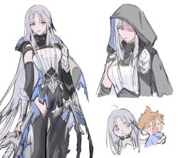  1boy 1girl aged_down black_thighhighs blue_eyes commentary design_speculation dress english_commentary genshin_impact grey_hair grey_hood highres holding holding_sword holding_weapon hood hood_up long_hair nevercrymoon skirk_(genshin_impact) sword tartaglia_(genshin_impact) thighhighs very_long_hair weapon white_dress 