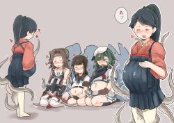  4girls black_gloves black_hair black_necktie black_sailor_collar black_skirt blush brown_gloves brown_hair closed_eyes commission enjaku_izuku eyepatch fubuki_(kancolle) fubuki_kai_ni_(kancolle) gloves green_hair grey_background hair_between_eyes hair_intakes half_updo hat heart heart_in_mouth highres houshou_(kancolle) jintsuu_(kancolle) jintsuu_kai_ni_(kancolle) kantai_collection kiso_(kancolle) kiso_kai_ni_(kancolle) long_hair long_sleeves multiple_girls multiple_views navel neckerchief necktie object_insertion pantyhose pleated_skirt ponytail pregnant red_neckerchief sailor_collar sailor_hat school_uniform serafuku short_hair short_ponytail short_sleeves simple_background skeb_commission skirt speech_bubble tentacles translation_request vaginal vaginal_object_insertion white_headwear white_legwear white_sailor_collar white_skirt wide_sleeves  rating:Questionable score:30 user:danbooru