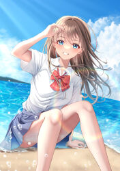 1girl arm_at_side arm_support bare_legs beach blue_eyes blue_sky blush bow bowtie breast_pocket breasts brown_hair bubble choppy_bangs cloud cloudy_sky collared_shirt commentary_request feet_out_of_frame floating_hair forest grey_skirt grin hand_up highres knees_up legs lens_flare light_rays long_hair looking_at_viewer nature ocean original outdoors pleated_skirt pocket red_bow red_bowtie sand school_uniform shirt short_sleeves sitting skirt sky smile summer summer_uniform sunbeam sunlight water white_shirt wind yoshiki_3821 