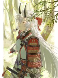  1girl absurdres armor day fate/grand_order fate_(series) hair_between_eyes headband highres horns japanese_armor japanese_clothes katana long_hair oni open_mouth outdoors shiro_(siro_kuten) shoulder_armor smile sode solo sword tomoe_gozen_(fate) tomoe_gozen_(second_ascension)_(fate) tree upper_body very_long_hair weapon white_hair 