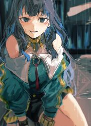  1girl 7aru_kk black_hair blue_hair colored_inner_hair eyeliner fate/grand_order fate_(series) green_jacket grey_eyes highres jacket jewelry long_hair looking_at_viewer makeup multicolored_hair o-ring off_shoulder outdoors rain solo tenochtitlan_(fate) tenochtitlan_(second_ascension)_(fate) wavy_hair wet wet_clothes wet_hair 