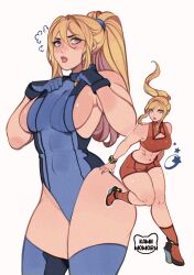 1girl abs alternate_costume artist_name blue_gloves blue_leotard blue_thighhighs boots bracelet breasts closed_mouth clothing_cutout commentary covered_abs cowboy_shot english_commentary eyelashes fingernails full_body gloves hair_between_eyes high_ponytail highres jewelry kamii_momoru leotard lips looking_at_viewer looking_to_the_side metroid metroid:_zero_mission nintendo open_mouth orange_boots orange_nails ponytail samus_aran short_shorts shorts sideboob sidelocks simple_background solo standing standing_on_one_leg star_(symbol) super_smash_bros. thick_thighs thighhighs thighs white_background zero_suit  rating:Sensitive score:40 user:danbooru