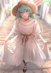  1girl aqua_eyes aqua_hair awning black_choker blush bow brick_road brown_bow brown_hat brown_ribbon building character_request choker clothes_lift collarbone commentary_request curtsey day dress dress_bow dress_lift dress_ribbon frilled_sleeves frills full_body hat highres long_dress long_hair looking_at_viewer mikan_mizu outdoors parted_lips plant potted_plant ribbon shadow shoes short_sleeves solo standing straight_hair sun_hat sunlight swept_bangs teeth tree upper_teeth_only virtual_youtuber vocaloid vsinger_(vocaloid) white_dress window 