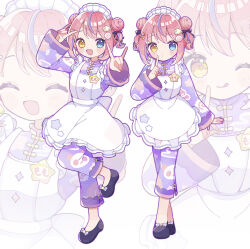  1girl :d ;q ^_^ absurdres apron black_shoes blush_stickers closed_eyes closed_mouth commentary_request double_bun double_fox_shadow_puppet dress food-themed_hair_ornament fox_shadow_puppet frilled_apron frills full_body hair_bun hair_ornament hand_up heterochromia highres index_finger_raised kurumizawa_momo_(noripro) long_sleeves looking_at_viewer maid maid_headdress multicolored_hair multiple_views nagihoko narutomaki_hair_ornament noripro one_eye_closed open_mouth outline pants pink_hair purple_dress purple_hair purple_outline purple_pants shoes short_hair simple_background smile standing streaked_hair tongue tongue_out virtual_youtuber watermark watermark_grid white_apron white_background zoom_layer 